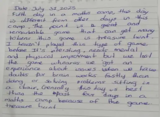 Fig: Sample journal from day 5 of the maths camp