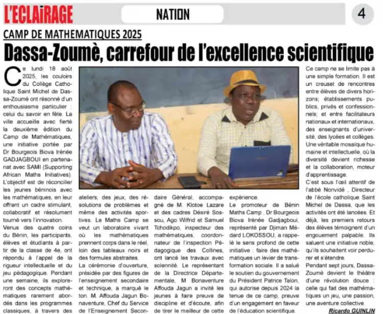 Fig: “The second edition of Maths Camp Benin in Dassa-Zoumé brings together students and experts for an innovative, week-long "living laboratory" designed to transform mathematics into a collaborative passion and a tool for social change.” - NEW ELITE - BENINESE DAILY NEWSPAPER OF INFORMATION, INVESTIGATION AND ADVERTISING No. 371 OF WEDNESDAY, AUGUST 27, 2025