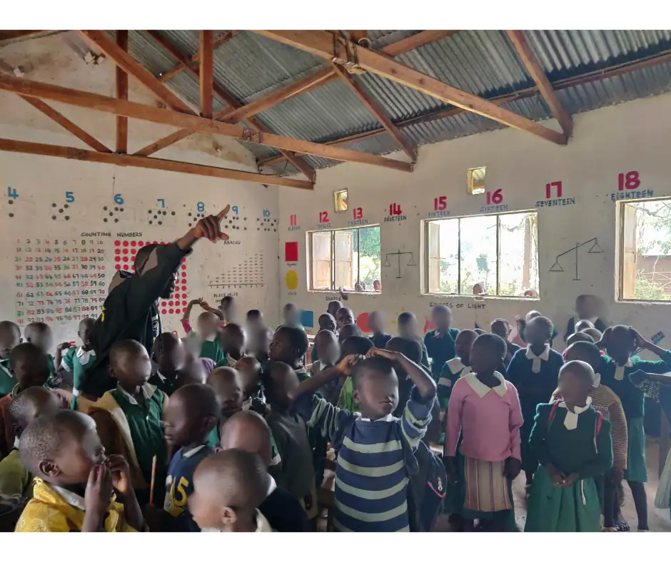 Grade 2 classroom before and after with students in Happy Classroom at St. John Sibembe Primary School - Busia County.
